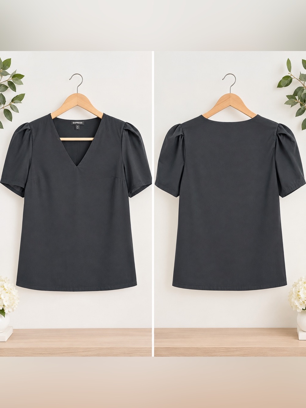 Express Short-Sleeve V-Neck Puff-Sleeve Blouse Top – Dark Gray / Washed Black (S